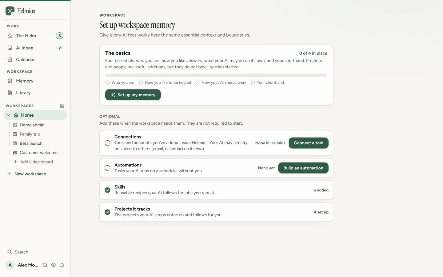 Helmios onboarding screen that helps a new user set up a workspace